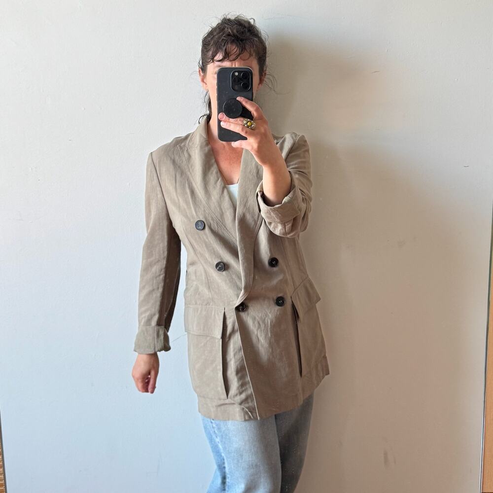 ROBERTO COLLINA Linen-Blend Khaki Double Breasted Blazer